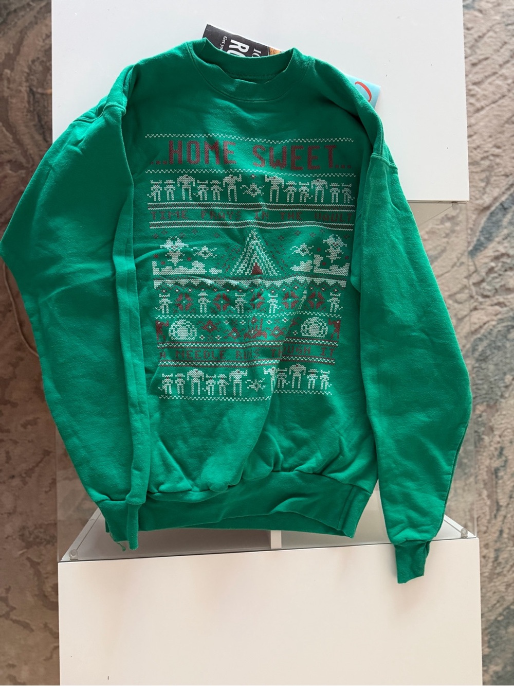 Hanes Green Crewneck Sweatshirt with 'Home Sweet' Holiday Knit Print